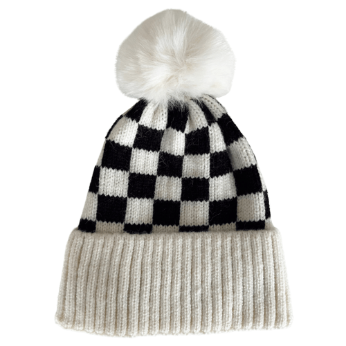Checkerboard Fur Pom Hat, Cream