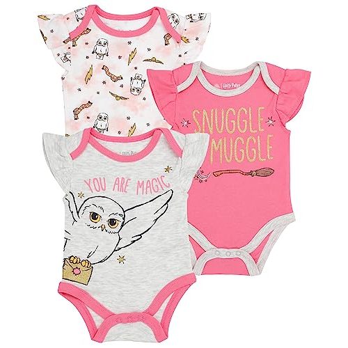 Harry Potter Baby Girls Bodysuit One Piece Three Pack Gifts for Baby Girls (Pink Multi, 0-3 Months)