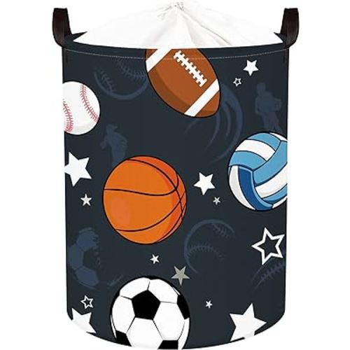Clastyle 45L Waterproof Sports Laundry Basket with Drawstring Collapsible Football Basketball Storage Laundry Hamper for Bedroom, 14.2 * 17.7 in