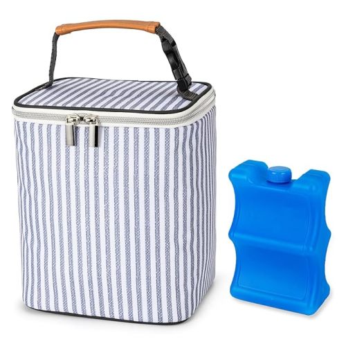 Breast Milk Cooler Bag with Ice Pack Fits 4 Baby Bottles Up to 9 Ounce, Baby Bottle Tote Bag Great for Nursing Mom Daycare - White Straps - Fits 9 Ounce Baby Bottles