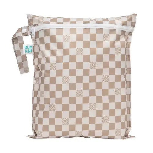Bumkins Waterproof Wet Bag for Baby, Travel, Swim Suit, Cloth Diapers, Pump Parts, Pool, Beach, Gym Clothes, Toiletry, Hook to Stroller, Daycare, Zipper Reusable Wetdry Packing Pouch, Beige Check