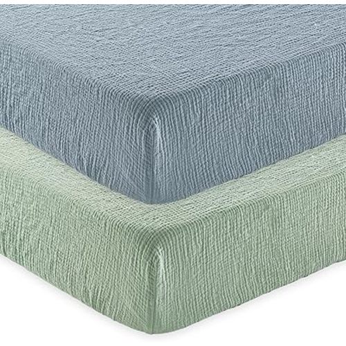 david's kids Muslin Crib Sheets for Boys Girls, 2 Pack 100% Cotton Soft Breathable Fitted Baby Sheet Set, 28x52 Inch Fits Standard Crib and Toddler Mattresses, Sage Green & Dusty Blue