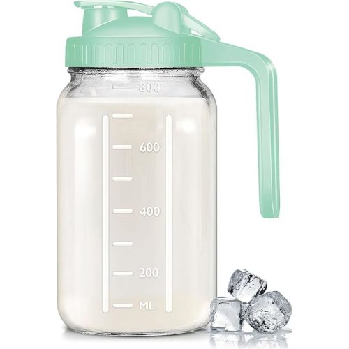 Glass Pitchers with Handle and Lid, 32oz Breast Milk Pitcher, Wide Mouth Mason Jar Pitcher, Leak Proof Drink Pitcher Water Pitcher, for Breastmilk, Water, Juice, Milk, Tea, Iced Coffee, 1 Pack