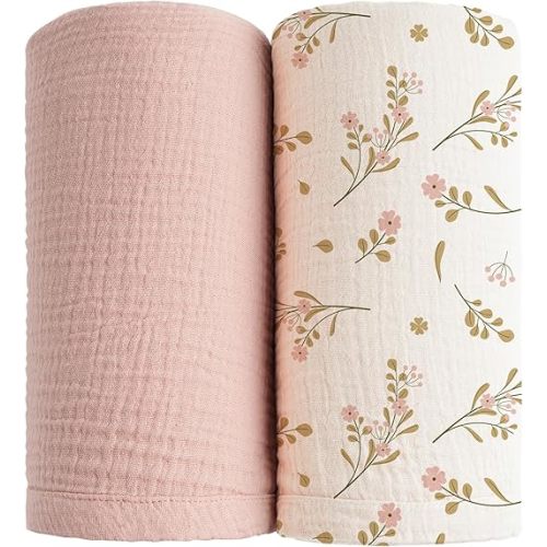 Konssy 2 Pack Muslin Swaddle Blankets for Baby Boys Girls, Receiving Blanket Large 47 x 47 inches, Soft Breathable Muslin Baby Blanket for Unisex Newborn(Pink, Floral)