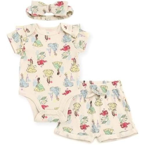 Disney Baby Girls Ribbed Bodysuit, Shorts and Headband 3 Piece Outfit Set Newborn to Infant Sizes (Newborn - 24 Months)