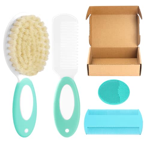 Baby Hair Brush and Comb Set, 4Pcs Baby Soft Bristles Hairbrush Cradle Cap Brush Hair Comb for Newborns Toddlers Boys Girls (Green)