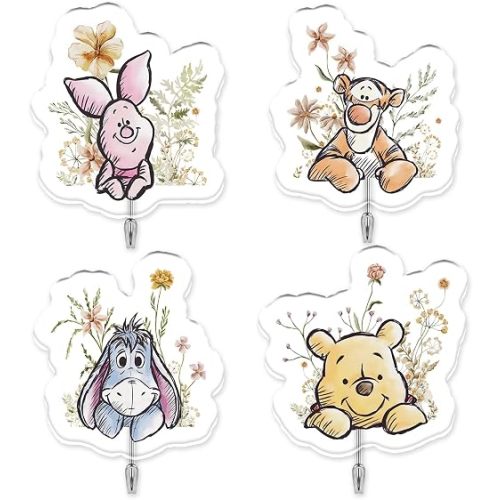 Floral Winnie Bathroom Decor Adhesive Hooks, the Pooh Bear Acrylic Wall Hooks for Nursery Bedroom Bathroom Kitchen,Cute Self Adhesive Towel Hangers for Keys Bags Coats Home Wall Decor