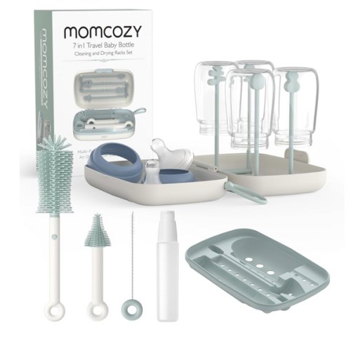 Momcozy Bottle Brush Set - Baby Bottle Cleaner Kit with Silicone Brush, Nipple Brush, Straw Brush, Soap Dispenser, Drying Rack - 7 in 1 Bottle Cleaning Tool for Home and Travel