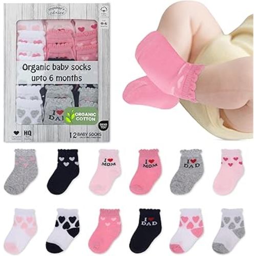 Organic Cotton Baby Socks, 12 Pairs, Unisex 0-6 Months - Soft, Hypoallergenic Newborn & Infant Socks - Baby Girl & Boy Gifts