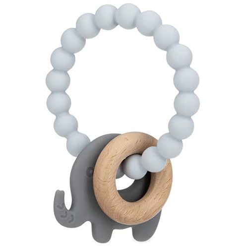 Nuby Natural Wood & Silicone Teether Ring: 3 M+, Elephant, Gray - Gray Elephant