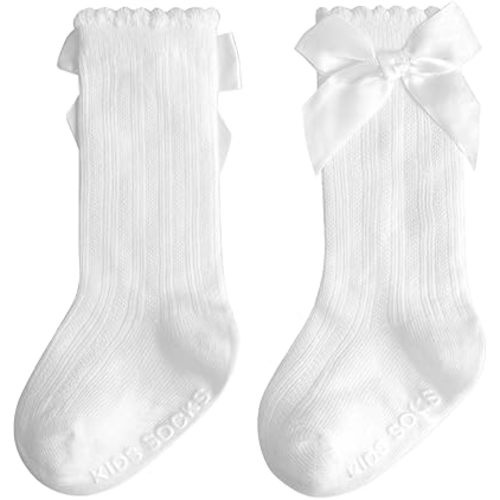 Baby Knee High Socks Girl Non Slip Toddler Stockings Cotton Bow Ruffle Newborn Long Socks Infant Dress Sock 0-6M/6-12M/1-3Y