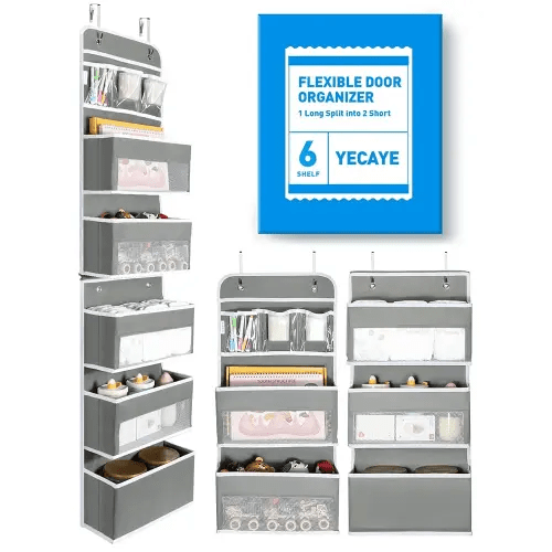 Yecaye 6-Tier Over the Door Storage Organizer, Flexible 1 Split into 2 Swing-proof Hanging Bathroom Storage Organization, Bedroom Organizer and Storage for Newborn Baby Essentials, Grey