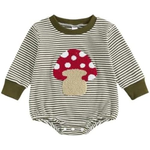 Newborn Baby Boy Girl Clothes Mushroom Embroidery Striped Bubble Romper Long Sleeve Waffle Bodysuit Cute Fall Clothes
