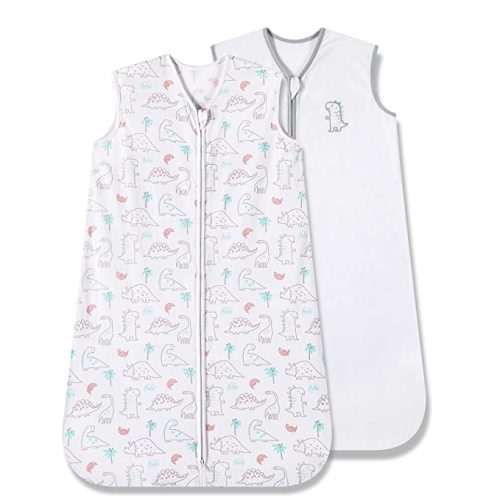TILLYOU Sleep Sack 6-12 Months - 0.5 TOG Baby Wearable Blanket with 2-Way Zipper, Extra Soft Cotton Sleeveless Sleeping sack 2 Pack, Woodland Dinosaurs