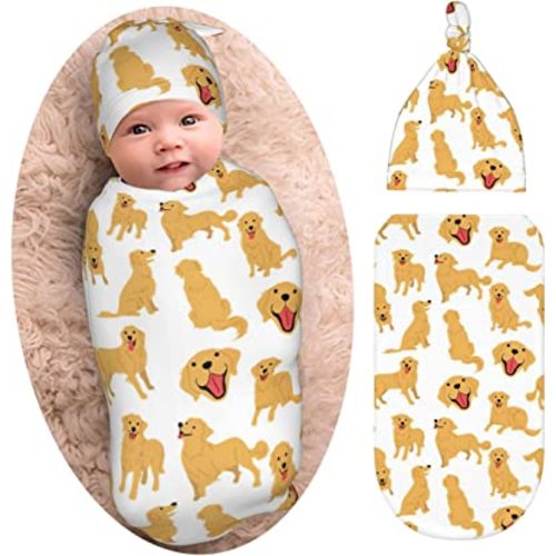 Golden Retriever Dogs Baby Stuff Newborn Swaddle Blanket with Beanie Set, Soft and Stretchy Baby Blanket Swaddle Wraps Sack for Boy and Girl
