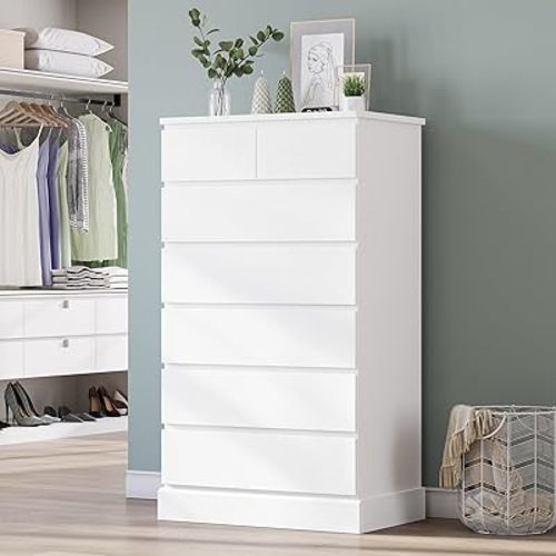 DICTAC White Tall Dresser for Bedroom with 7 Drawers, 51.8" Tall Dressers & Chests of Drawers, Modern Wood Closet Organizer and Storage Cabinet, Large Vertical Dresser for Bedroom, Closet, Hallway