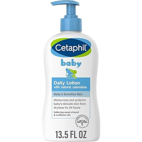 Cetaphil Baby Daily Lotion with Organic Calendula, NEW 13.5 fl oz, Vitamin E, Sweet Almond & Sunflower Oils, Mineral Oil Free, Paraben Free, Dermatologist Tested, Clinically Proven for Sensitive Skin - 13.5 Fl Oz (Pack of 1)