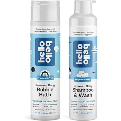 Hello Bello Tear-Free Bubble Bath for Babies & Kids, Fragrance Free, 10 fl oz + Tear-free Shampoo & Body Wash, Gentle Hypoallergenic, pH-Balanced & Dermatologist-Tested, Vegan & Cruelty-Free, 10 fl oz