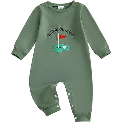 allshope Newborn Baby Boy Fall Outfit Romper Golf Court Embroidery Long Sleeve Jumpsuit Bodysuit Cute Infant Clothes