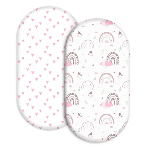 Bassinet Sheets 2-Pack for Newborn Baby Boy and Girl Gender Neutral, Soft Breathable Elastic Sheets, Universal Fit Flexible for Rectangle Round Oval Hourglass Bassinet Mattress/Pad