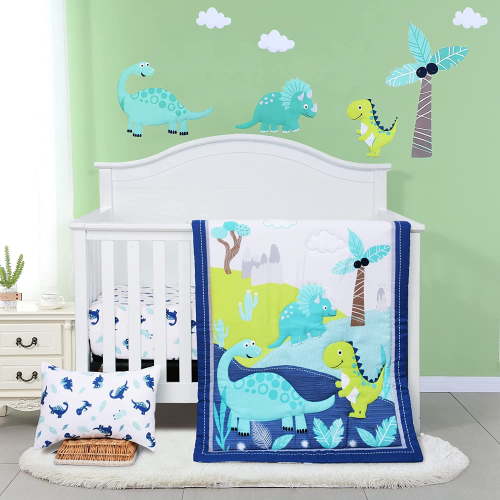 JISEN 3-Piece Baby Boy Dinosaur Crib Bedding Set with Microfiber Quilt, Crib Sheet, and Pillowcase
