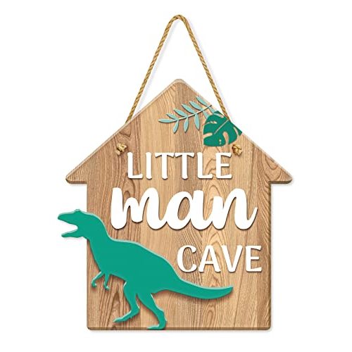 Dinosaur Decor for Boys Room, Hanging Sign Boys Room Decorations for Bedroom PVC Plastic Decorative Signs LITTLE MAN CAVE Sign Kids Room Playroom Nursery Decor Gift for Boys 11.8″x11″