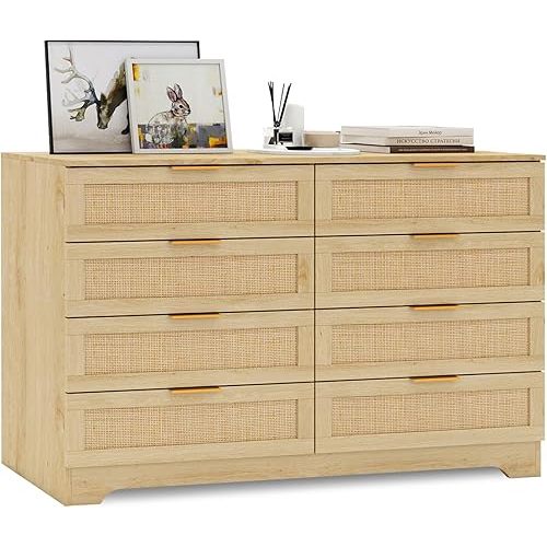 HOPUBUY 8 Drawer Dresser for Bedroom, Rattan Modern Closet Dressers Chest of Drawers, Boho Wood Double Dresser Wicker Dresser Storage Closet for Bedroom, Living Room, Entryway (Natural)