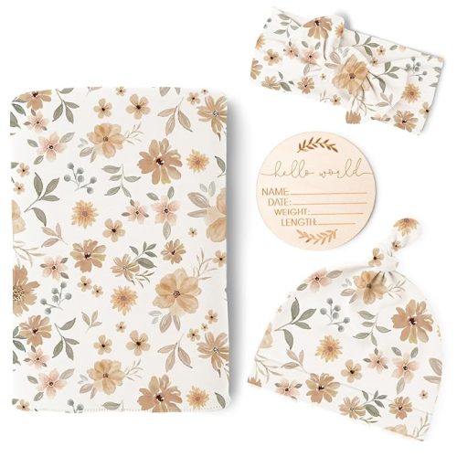 Konssy Baby Girl Newborn Receiving Blanket with Matching Headband and Beanie Set Baby Swaddle Nursery Swaddle Wrap