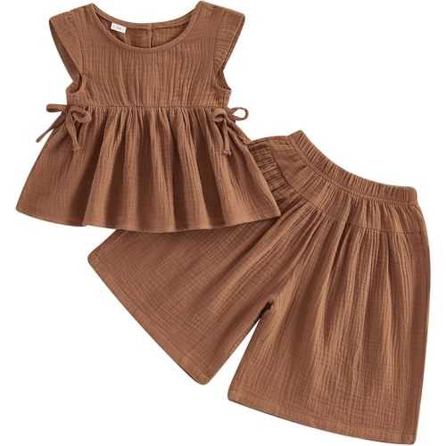 Baby Girl Summer Clothes Outfit Cotton Linen Sleeveless Ruffle Shirt and Wide Leg Pants Toddler Girls Clothes Set