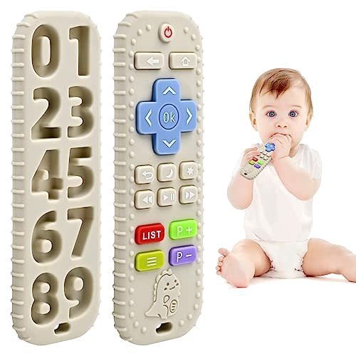 Teething Relief Teethers Toys for Babies 3-6 12 Months Gifts, Silicone Remote Control Baby Teether Toys for 3 6 9 Months Newborn Infant Boy Girl Autism, Food Grade Silicone Sensory Toys, Beige