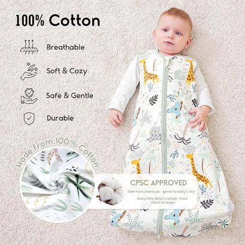 Yoofoss Baby Sleep Sack 6-12 Months 0.5 TOG Baby Wearable Blanket, 100% Cotton Infant Toddler Sleeping Sack 2-Way Zipper Lightweight Sleep Sack, Giraffe