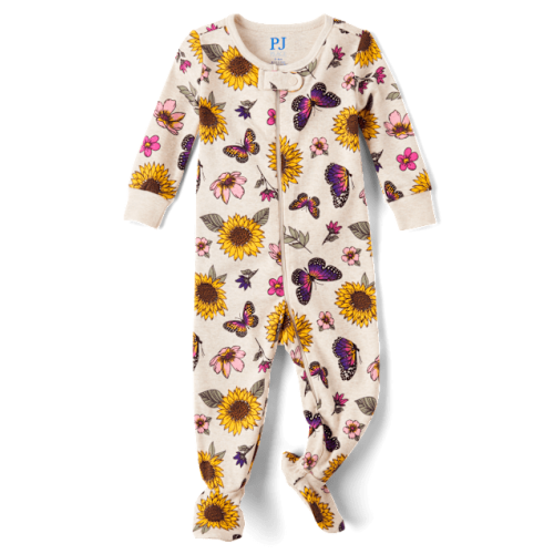 Baby And Toddler Girls Sunflower Snug Fit Cotton Footed One Piece Pajamas - Tan
