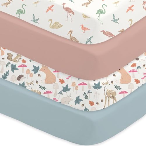 Bimocosy Crib Sheets for Boys Girls, Fitted Crib Sheet 4 Pack for Standard Crib and Toddler Mattresses, Super Soft Breathable Microfiber Baby Sheet 28x52x8in, Wetland Birds/Squirrel/Mauve/Fog Blue