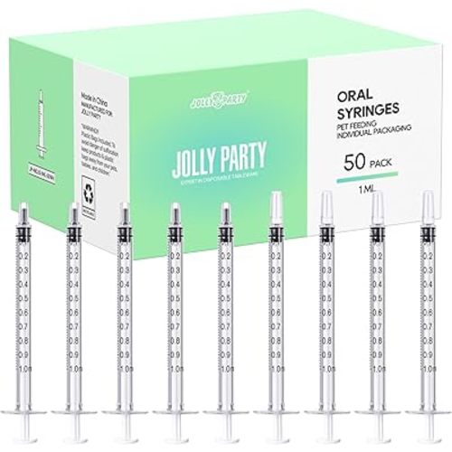 JOLLY PARTY 50 Pack 1ml Syringes with Caps, 1cc Syringe without Needle, Small Oral Syringe with Tip Cap Individually Wrapped for Scientific Labs, Liquid Measuring, Pet Feeding, Oil & Glue Dispenser