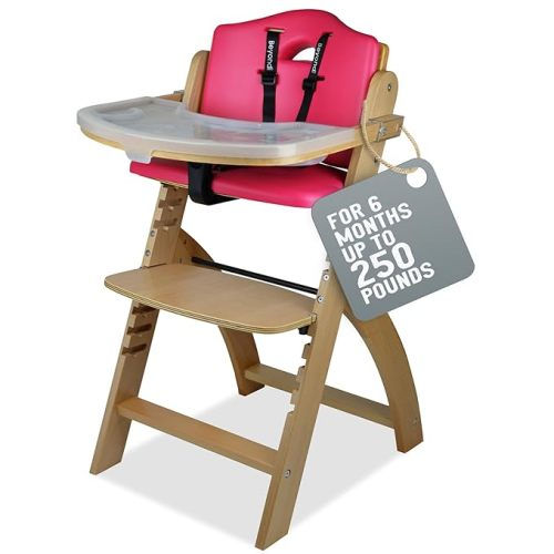 Abiie Beyond Junior Wooden High Chair with Tray. The Perfect Adjustable Baby Highchair Solution for Your Babies and Toddlers or as a Dining Chair. 6 Months up to 250 Lb. Natural Wood/Pink Cushion - 1 Count (Pack of 1) - Natural Wood - Pink Cushion