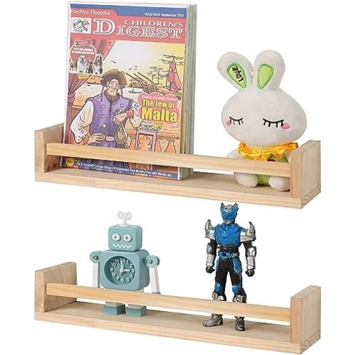Nursery Book Shelves Set of 2, Wood Floating Book Shelves for Kids Room, Rustic Baby Nursery Shelf Decor for Bedroom, Living Room (Natural)