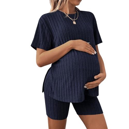 MakeMeChic Women's Maternity Pajamas 2 Piece Lounge Set Ribbed Knit T Shirt Biker Shorts Sleepwear Tracksuit