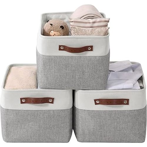 DECOMOMO Storage Bins | Fabric Storage Baskets for Shelves for Organizing Closet Shelf Nursery Toy | Decorative Large Linen Closet Organizer Bins with Handles (Grey and White, Large - 3 Pack)
