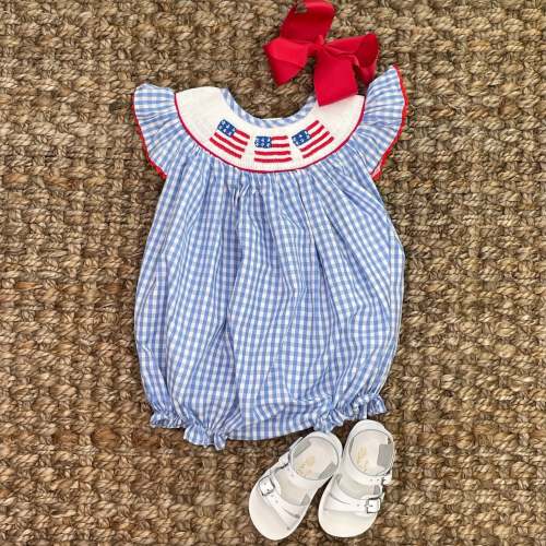 Flag Smocked Girl's Bubble Romper in light blue gingham - American Flag, 4th of July, Memorial Day, Army Navy Marine Graduation, 307