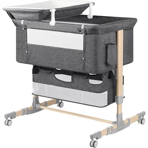 Baby Bassinet Bedside Sleeper with Diaper Changing Station + Mosquito Net + 16gallon Capacity Storage, Adjustable & Portable Bassinet Cosleeping Baby Bed (Wooden Grey)