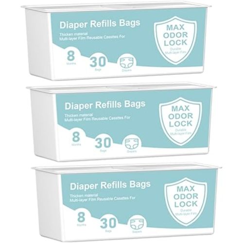 Diaper Pail Refills Bags Compatible with Genie Easy Roll Signature Diaper Pails,Lasts Up to 8 Months,7-Layer Odor-Barrier Technology, 3-Pack (90 Bags)