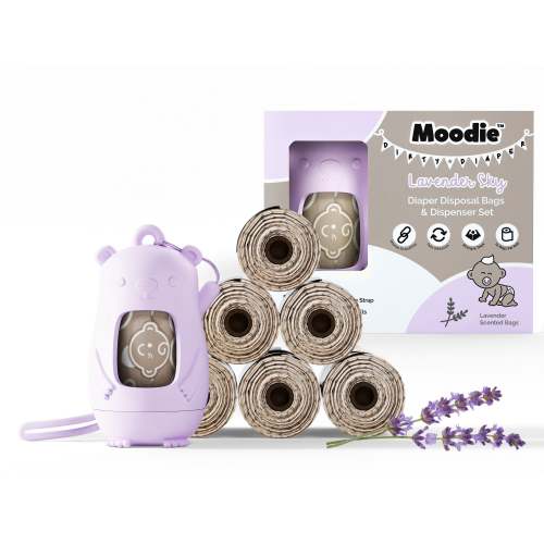 Teddy Bear Disposable Diaper Bags Dispenser COMBO PACK | 105 LAVENDER SCENTED Baby Poop Bags TOTAL & 1x Dispenser (LAVENDER SKY)
