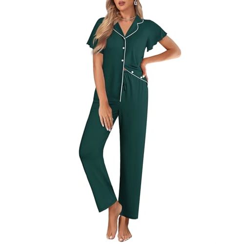 Ekouaer Pajamas for Women Set Button Up Sleepwear Cute Pjs Ruffle Sleeve Notch Collar Loungewear with Long Pants S-XXL