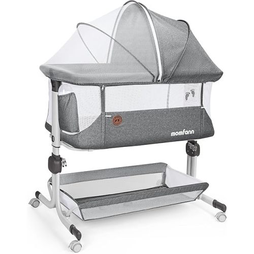 Baby Bassinet Bedside Sleeper, Upgraded Stability Bedside Crib with Full Mesh Sides, Soft Sheet, 6-Height Adjustment, Storage Basket, Easy Folding Portable Bassinet for Newborns, Gray