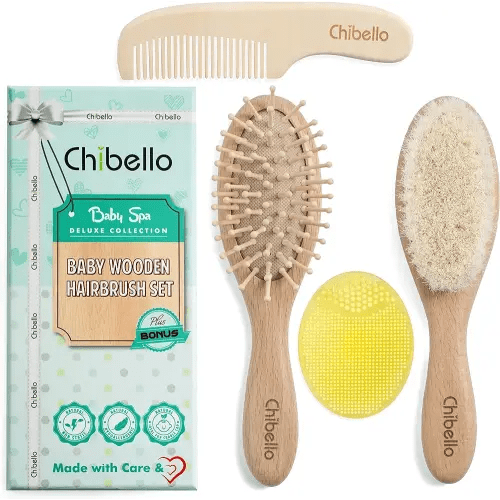 Chibello Baby Hair Care Set - 4 Piece Wooden Brush and Comb Set with Natural Goat Bristles, Ideal for Preventing Cradle Cap, Perfect for Baby Shower and Registry