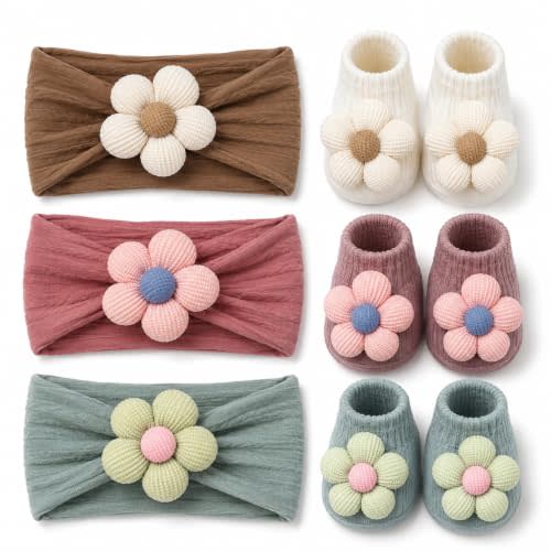Baby Girl Headbands and Socks Set, 3D Floral Non-Slip, Infant Toddler Newborn Flower Hairbands with Anti-Slip Grip Socks, Photography Birthday Shower Gift