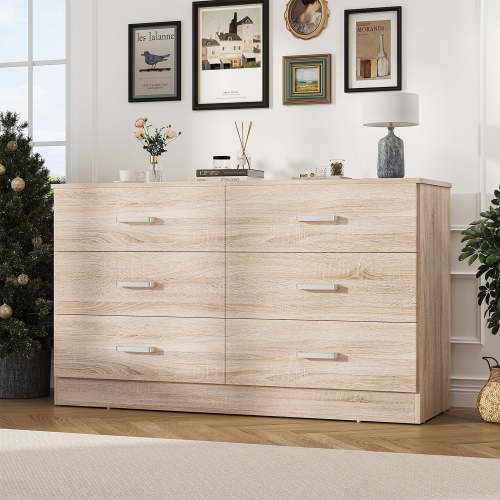 "Frmobepts 6 Drawer Wood Dresser, Assembled, Solid Top, Light Oak, 47.2"" W x 27.7"" H"