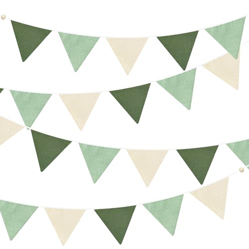 2 Sets of Sage Green Pennant Banner 24Pcs Nursery Garland Flags Olive Green Fabric Linen Triangle Streamers for Baby Room Decor Kids Jungle Safari Summer Birthday Baby Shower Boho Party Decorations