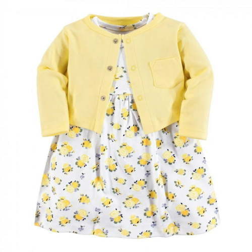 Luvable Friends Baby and Toddler Girl Dress and Cardigan 2pc Set, Yellow Floral, 0-3 Months