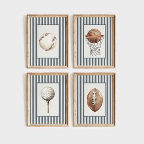 Set of Four Navy Sports Prints | Vintage Style Stripes | Baseball, Football, Golf, Basketball Drawings | Boys Room Nursery Wall Art | PS155